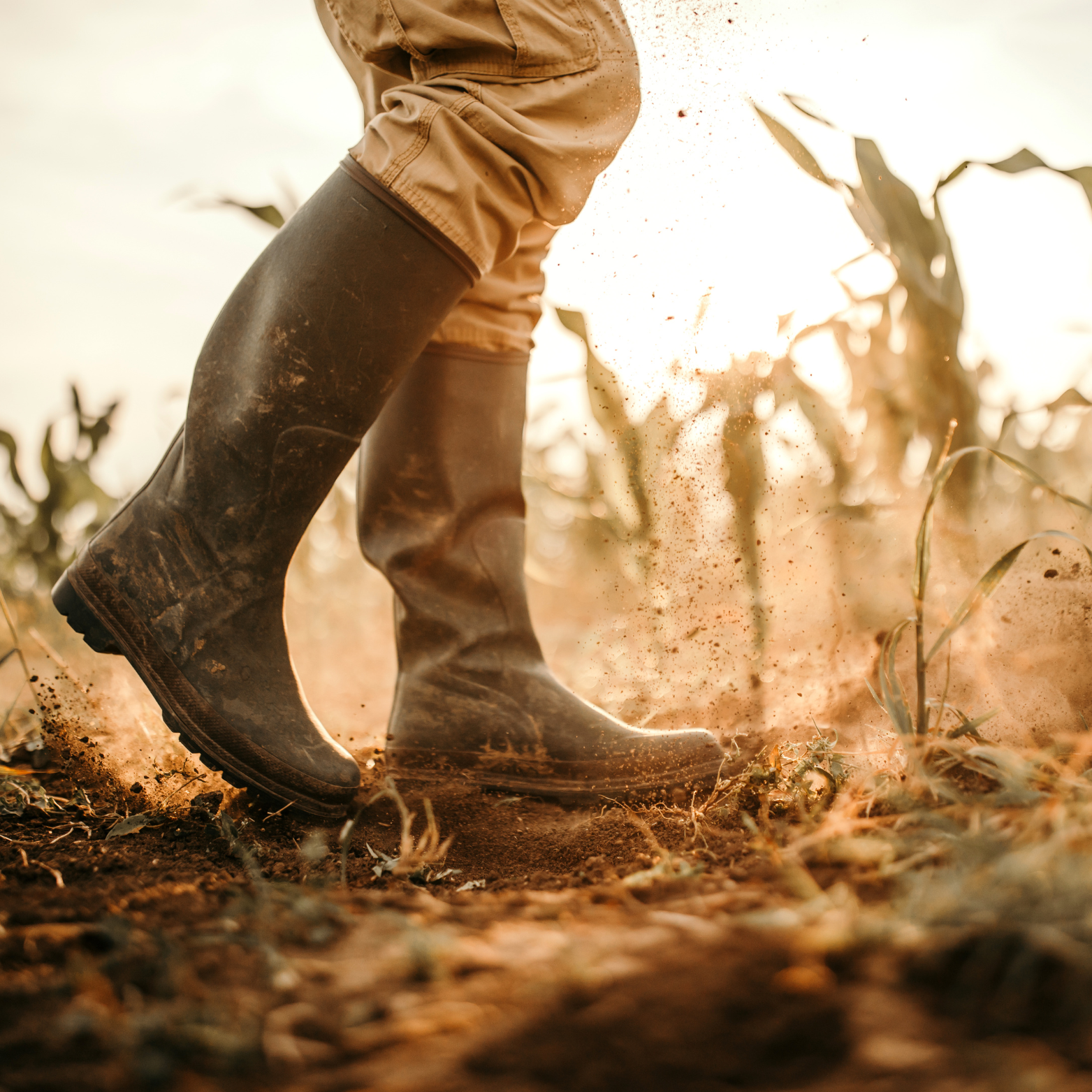 Muddy boots walking a field at sunrise